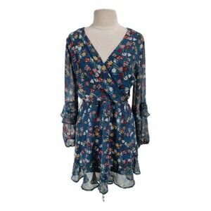 miami Women Junior Size XL Blue Floral Faux Wrap Dress Ruffle Long Sleeve 272A